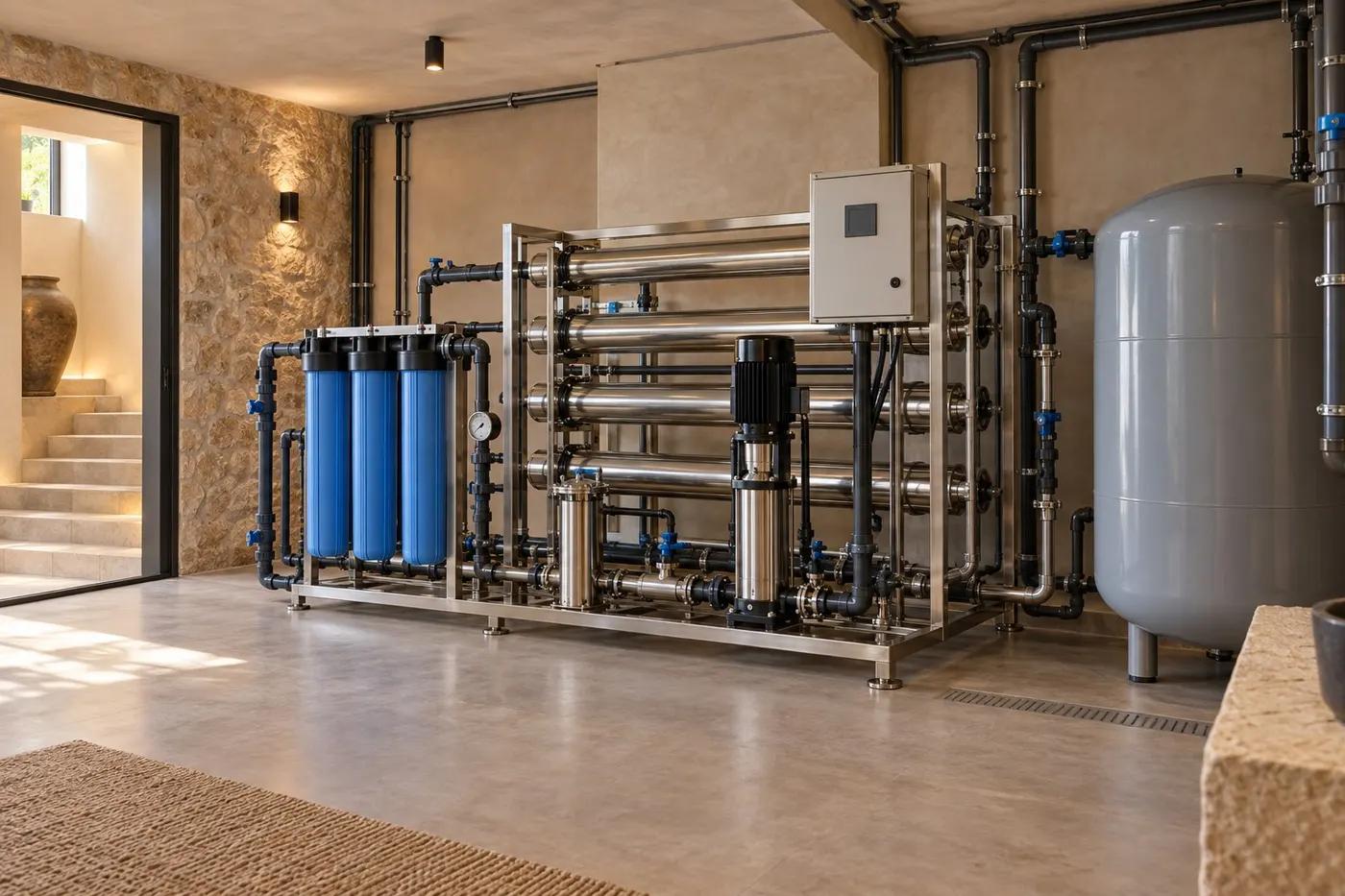 Große Umkehrosmoseanlage mit Membranen und Drucktank im Technikraum